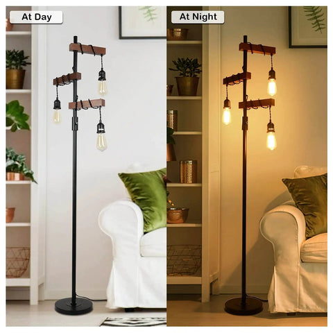 Industrial Dimmable Floor Lamp With 3 Heads 68 Inch Tall Tree Floor Lamp In Black Metal And Wood installed in living room