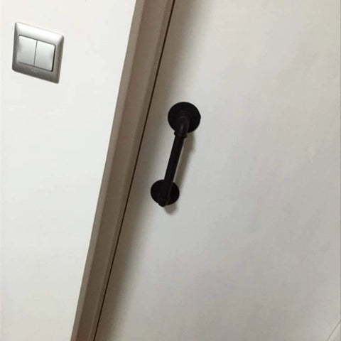 Set Of 2 Industrial Pipe Door Pull Handles And Grab Bars With Antique Rustic Cast Iron Handrails In Matte Black 12 Inch installed on door