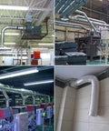Industrial ductwork and piping installations with stainless steel hose clamps in various indoor environments.
