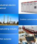 Industrial settings: electric cabinet, outdoor communication, shipbuilding industry, and office workspace with laptop.