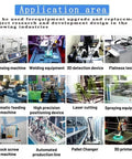 Industrial equipment collage showing various machinery for automation and precision tasks under 'Application Area' banner.
