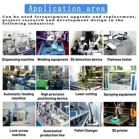 Industrial equipment collage showing various machinery for automation and precision tasks under 'Application Area' banner.