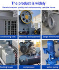 Industrial equipment including air conditioning, machinery, wind turbines, cooling tower, compressor, and water pump.