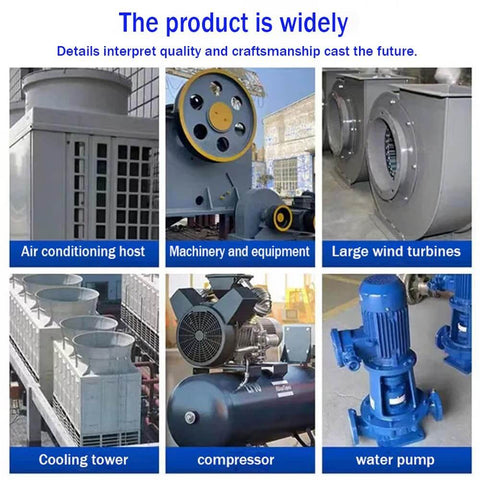 Industrial equipment including air conditioning, machinery, wind turbines, cooling tower, compressor, and water pump.