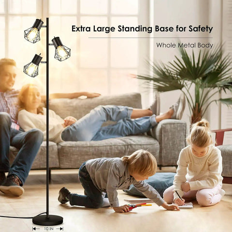 Industrial Floor Lamp With 3 Adjustable Cage Heads And Independent Control Black Standing Lamp For Living Room And Bedroom Rustic Farmhouse Style E26 Sockets Bulbs Not Included in a room setting with family.