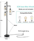 Diagram of Industrial Floor Lamp With Dimmable On Off Switch Three Head Rustic Tree Style Standing Lamp with measurements and bulb types.