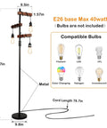 Industrial Floor Lamp With Three Heads Tree Style Design, 68 Inch Tall Wooden Standing Lamp, black metal pole, compatible bulbs shown.