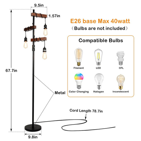 Industrial Floor Lamp With Three Heads Tree Style Design, 68 Inch Tall Wooden Standing Lamp, black metal pole, compatible bulbs shown.