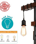 Close-up of Industrial Dimmable Floor Lamp With 3 Heads 68 Inch Tall Tree Floor Lamp in black metal and wood, bulb compatibility details