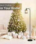 Industrial Floor Lamp With Hanging Iron Mesh Shade And Foot Switch, 6W LED Bulb, All Metal Farmhouse Standing Lamp next to a Christmas tree