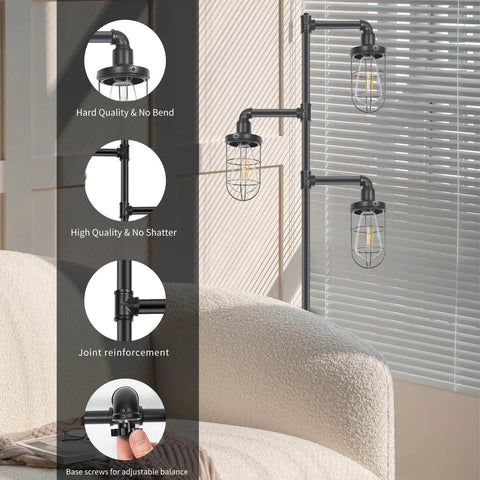 Three Head Steampunk Floor Lamp With Birdcage Shade Dope Industrial Rustic Edison Bulb Black Finish And Adjustable Cross Stand For Farmhouse Or Loft Living Room Decor By CONCA in living room with sunlight through blinds