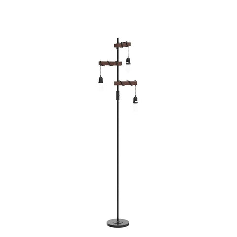 Industrial Floor Lamp With Three Heads Tree Style Design, 68 Inch Tall Wooden Standing Lamp, Sturdy Base Vintage Black Metal Pole