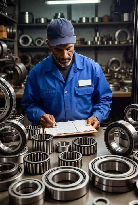 Technician inspecting forklift mast bearing NF94447-11500 in workshop with multiple bearing sizes and components.