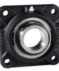 Front view of Industrial Grade Flange Mount Ball Bearing Unit with One and Fifteen Sixteenths Inch Bore, four-bolt cast iron housing.