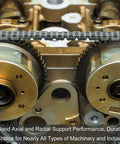 Close-up of gears and chain in machinery showcasing axial and radial support performance for various industrial applications.