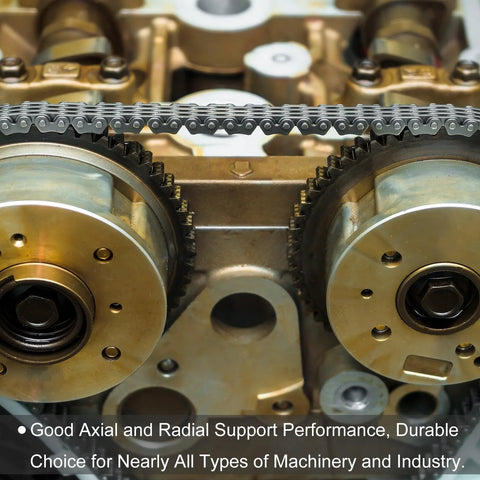 Close-up of gears and chain in machinery showcasing axial and radial support performance for various industrial applications.