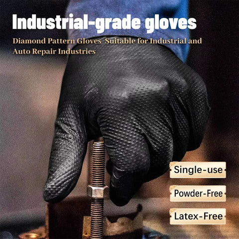 Heavy Duty Diamond Grip Nitrile Gloves 8 Mil Puncture and Chemical Resistant 100 used in industrial repair work
