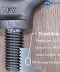 Two Pack 1/2-13 Eye Bolts Lifting Eyebolts Heavy Duty Industrial Grade close-up of thread specifications and FY mark
