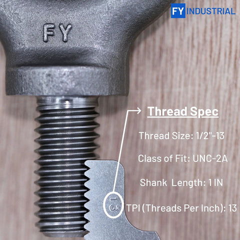 Two Pack 1/2-13 Eye Bolts Lifting Eyebolts Heavy Duty Industrial Grade close-up of thread specifications and FY mark