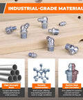 Complete 100 Piece Grease Fittings Assortment Kit With 18 SAE And Metric Zerk Fittings displayed on wooden surface