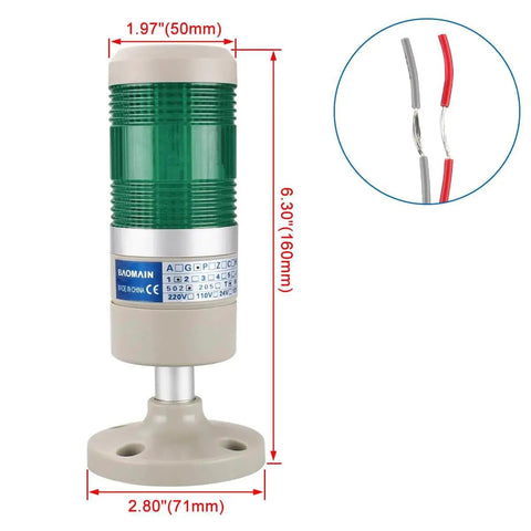 Front view of Industrial Green LED Signal Light 110V AC with mounting bracket, heavy duty tower indicator, LGP502T model.