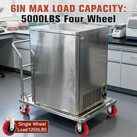 6 Inch Industrial Heavy Duty Caster Wheels Set Of 4 With Polyurethane Surface TPE Casters Load Capacity 5000 Lbs Swivel Brake Plate Casters Featuring 2 Side Brake And 2 Rigid For Trolleys Tool Boxes And Warehouse Handling under a metal appliance in a lab setting