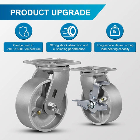 Industrial 5 By 2 Inch Heavy Duty Casters Set Of 4 With Cast Iron Hubs And Steel Wheels Up To 4000 Lb Capacity, side view of swivel and rigid wheels