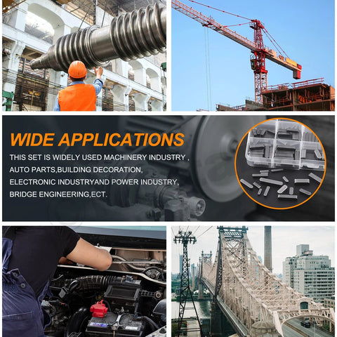 Collage showing the comprehensive keystock kit used in various industrial and mechanical projects with different machinery applications