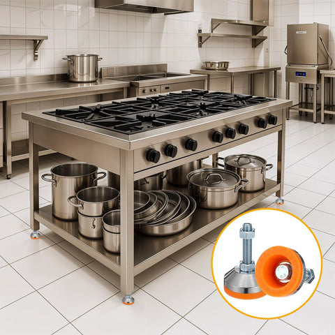 Tough As Nails M12 Thread Leveling Feet With 2.28 In Diameter Base installed on kitchen workbench, stainless steel chrome finish