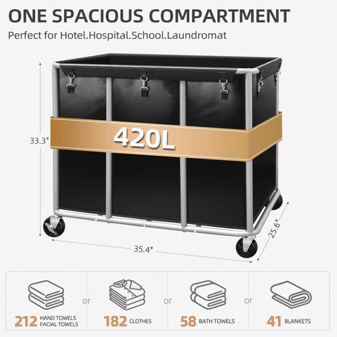 Industrial Laundry Cart On Wheels With 420L Capacity, Heavy Duty Steel Frame, Removable Waterproof Liner Bag, 400 Lb Load