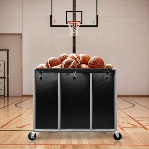 Industrial Laundry Cart On Wheels With 420L Capacity, Heavy Duty Steel Frame, Removable Waterproof Liner Bag holding basketballs