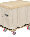 Laundry cart with beige cover on six by two inch heavy duty caster wheels set of four with industrial polyurethane wheel and galvanized steel yokes