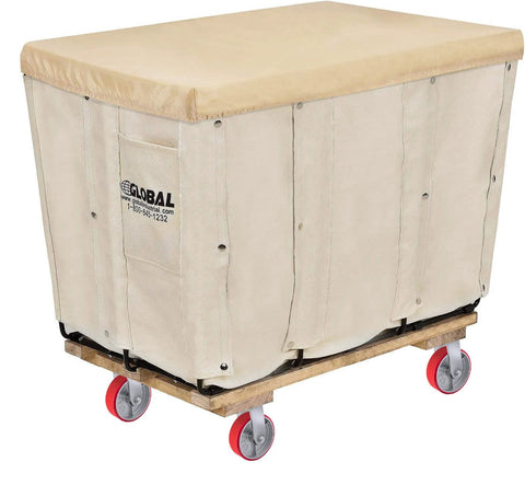 Laundry cart with beige cover on six by two inch heavy duty caster wheels set of four with industrial polyurethane wheel and galvanized steel yokes