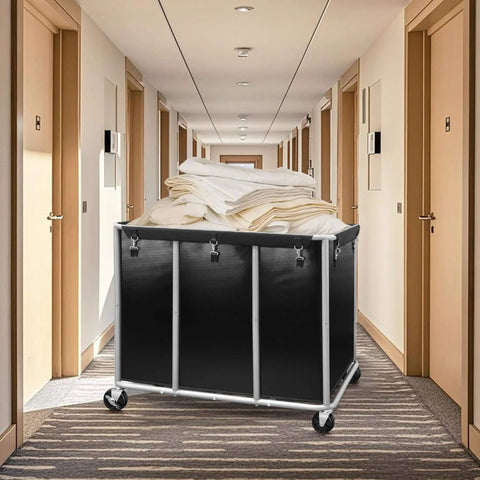 Industrial Laundry Cart On Wheels With 420L Capacity in hotel hallway, heavy duty steel frame, removable waterproof liner bag, black cart