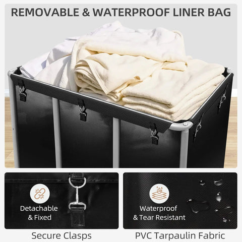 Industrial Laundry Cart On Wheels With 420L Capacity, Heavy Duty Steel Frame, Removable Waterproof Liner Bag, 400 Lb Load