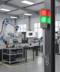 Two Stack LED Andon Tower Signal Light For Industrial Workstations With Red And Green Status Indicators installed in factory