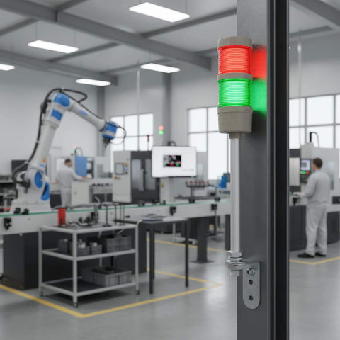 Two Stack LED Andon Tower Signal Light For Industrial Workstations With Red And Green Status Indicators installed in factory