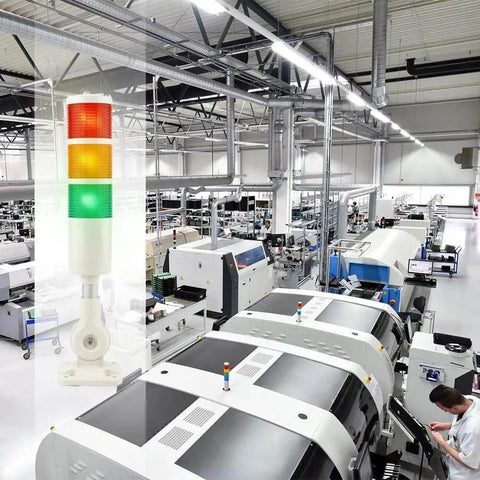 Industrial 3 Layer LED Signal Tower With Rotatable Base And Buzzer Alarm Msiud, 12 To 24V DC, in production line setting