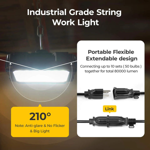Ultra Bright 90W LED Work Light String, 10800LM, ETL Listed, 3 Prong, linkable waterproof lighting hanging in a construction area