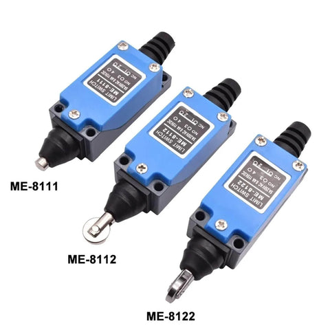 Three industrial momentary limit switches with rotary roller levers, models ME-8111, ME-8112, ME-8122, 5A at 220V, sealed for durability.