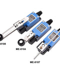 Three types of momentary limit switches for industrial machinery, showcasing sealed rotary roller lever designs, 5A 220V.