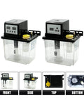 Industrial Automatic Lube Pump System with 1L or 2L tank, dual voltage AC 110V 220V, oil filter, magnetic output, front and side views