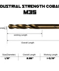 Diagram showing 1/8 Inch Cobalt Drill Bits 13 Pack M35 Industrial Grade 2.55 Inch Length, with size and length measurements labeled.