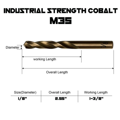 Diagram showing 1/8 Inch Cobalt Drill Bits 13 Pack M35 Industrial Grade 2.55 Inch Length, with size and length measurements labeled.