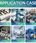 Collage of industrial applications including laser, biology, packaging, and mixing machinery with worm gear reducer use cases.