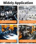 Collage of industrial settings showcasing hydraulic, textile, printing, and rubber machinery applications for sleeve bearings.