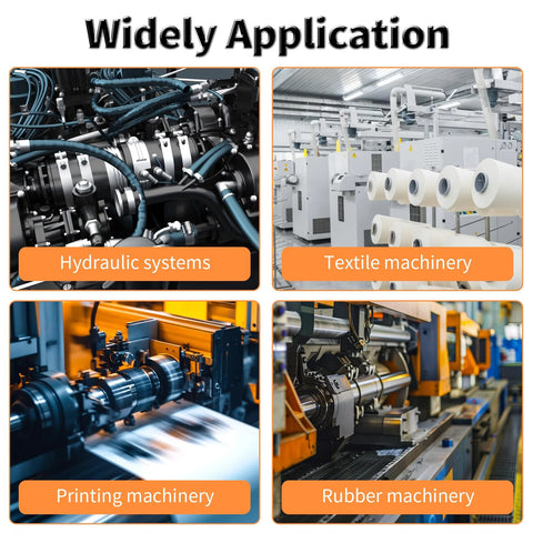 Four-panel industrial machinery collage showing sleeve bearings used in hydraulic systems, textile, printing, and rubber machinery