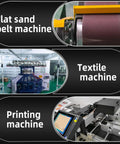Collage showing flat sand belt, textile, and printing machines in an industrial setting.