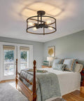 Industrial Semi Flush Mount Ceiling Light Four Light Rustic Metal Fixture In Matte Black For Kitchen Island Dining Room Hallway Entryway And Living Areas Farmhouse Chandelier With Industrial Vibe installed in bedroom