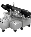 Industrial metal-cutting machine on wheels with heavy-duty design and robust frame, featuring multiple rollers and a motor unit.